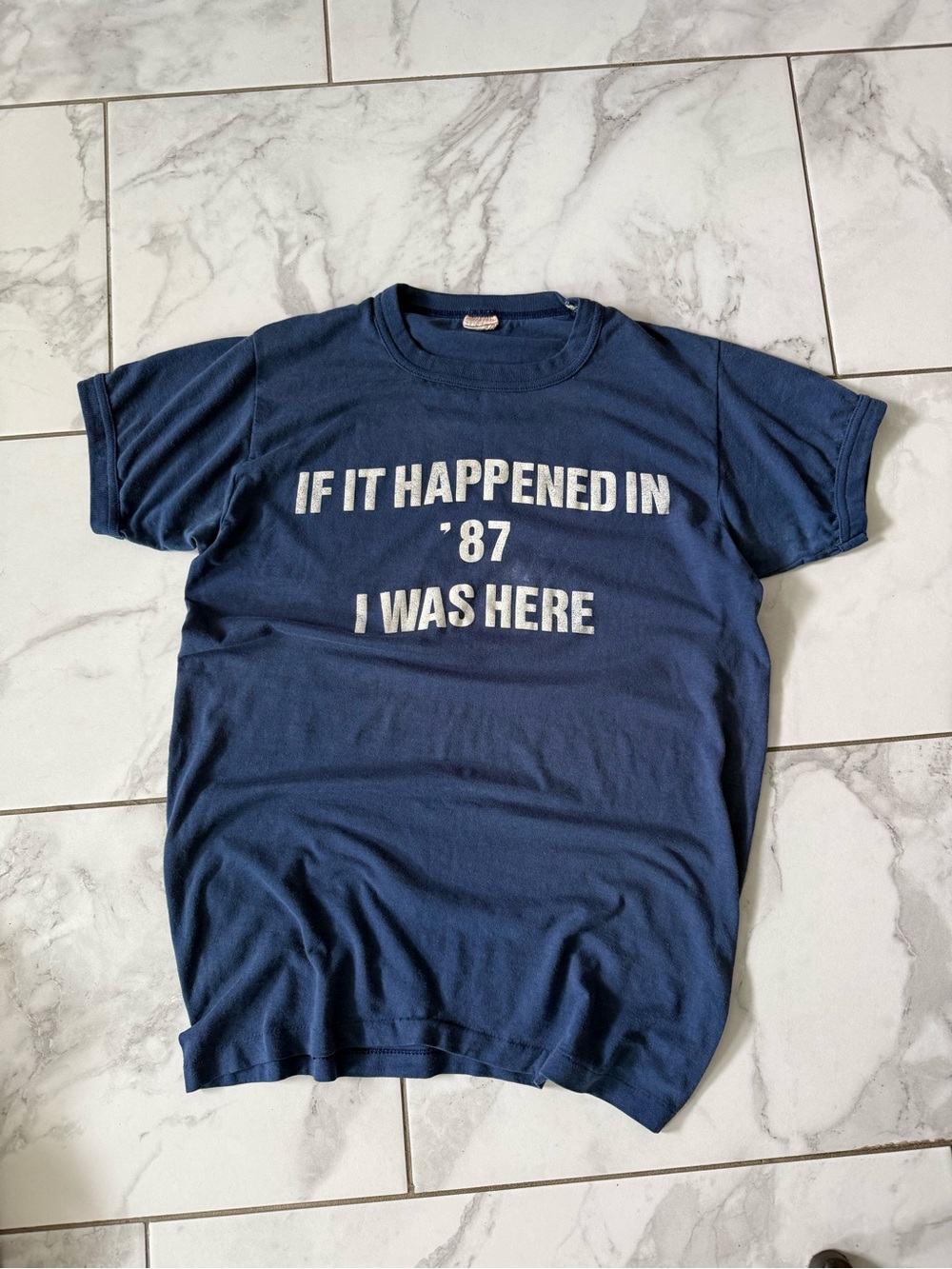 Vintage ‘IF IT HAPPENED IN ‘87 I WAS HERE’ Navy Blue 80’s Graphic Ringer Shirt
